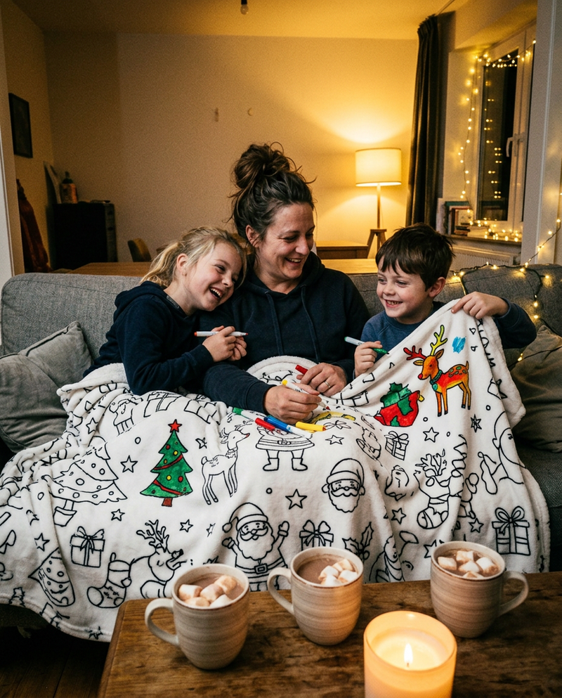Mama i dzieci razem kolorują kocyk na kanapie
