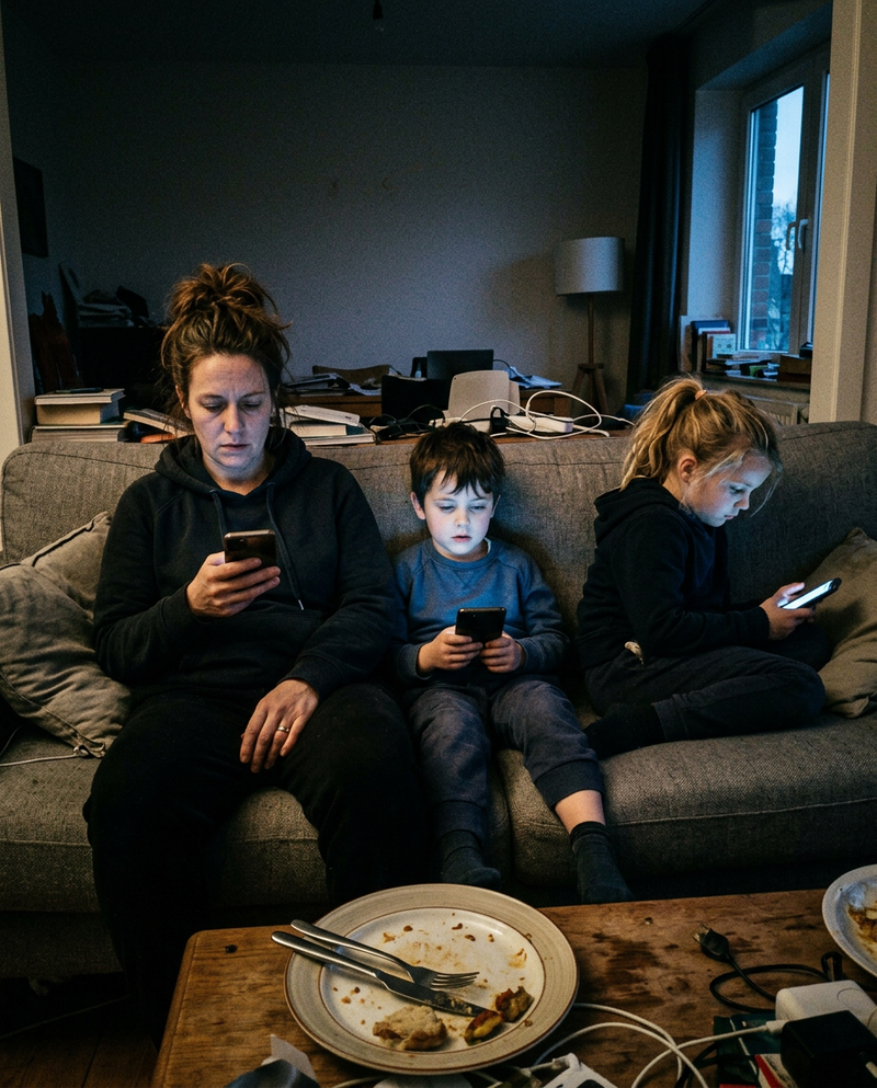 Mama i dzieci wieczorem, każde w swoim telefonie